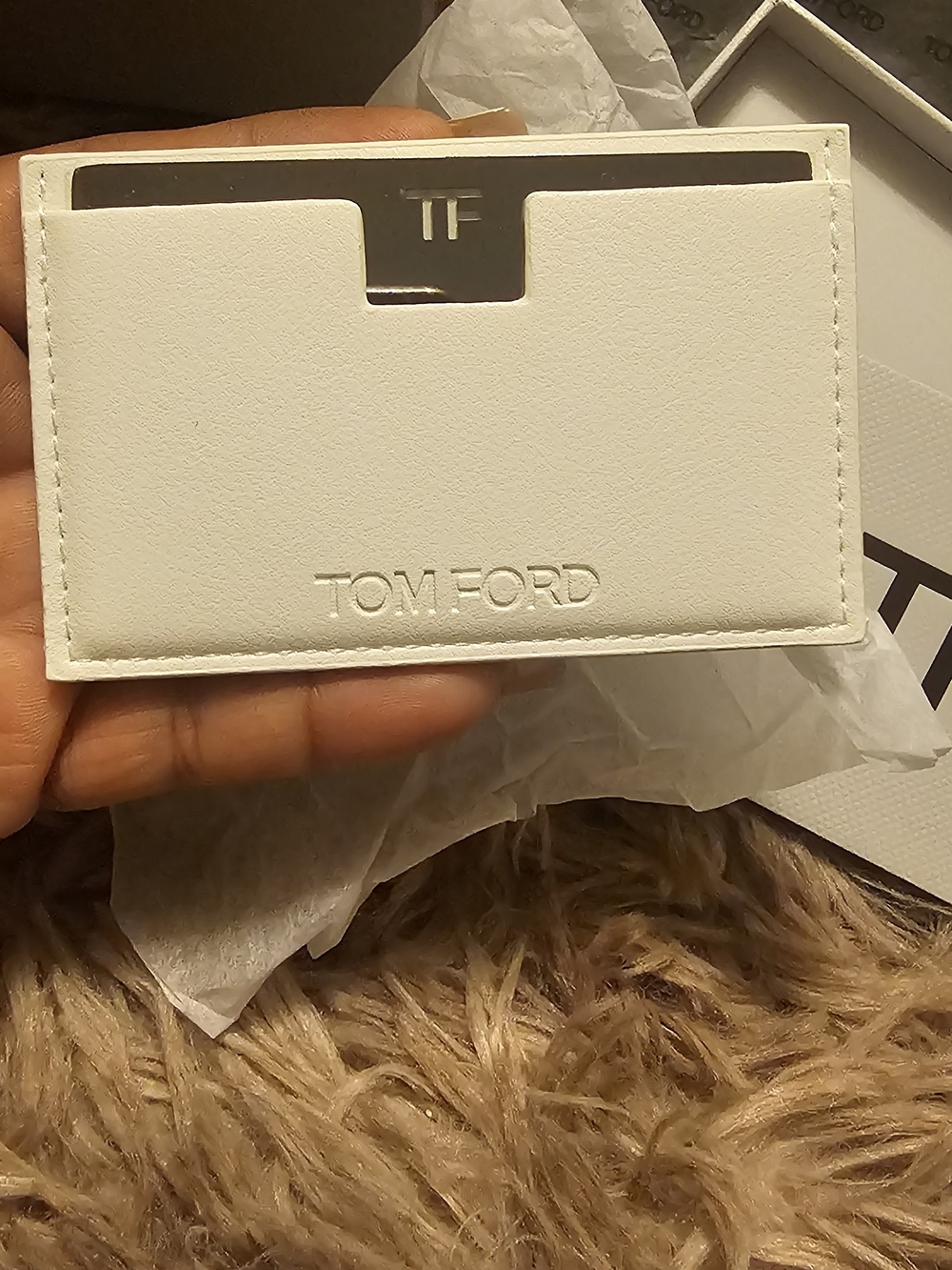 Tom Ford White Leather Card Holder Unisex with TF Metal Mirror With Box And Bag